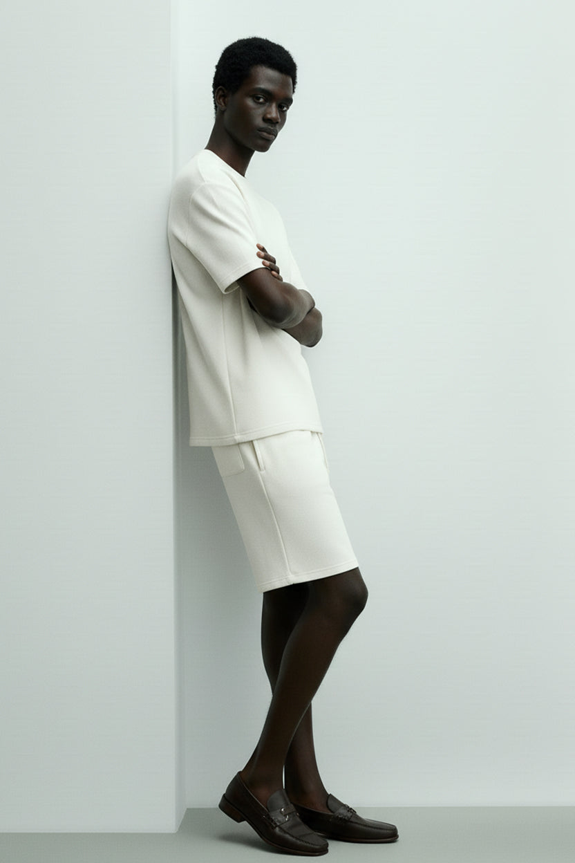 Men's Short Sleeve Textured T-Shirt & Shorts (White)