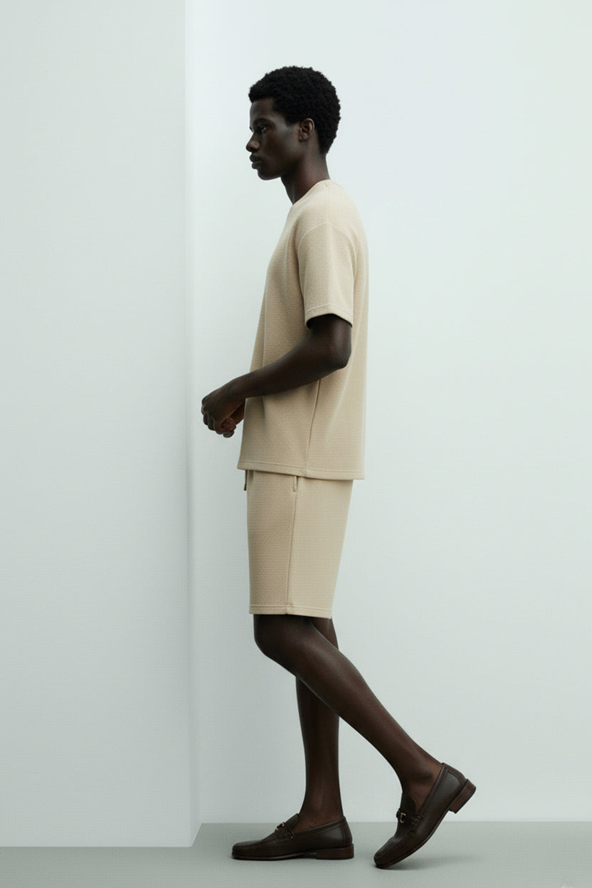 Men's Short Sleeve Textured T-Shirt & Shorts (Khaki)