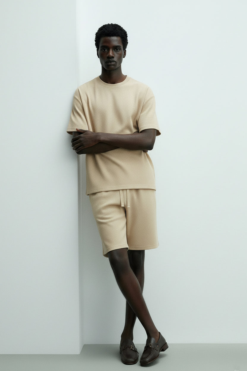 Men's Short Sleeve Textured T-Shirt & Shorts (Khaki)