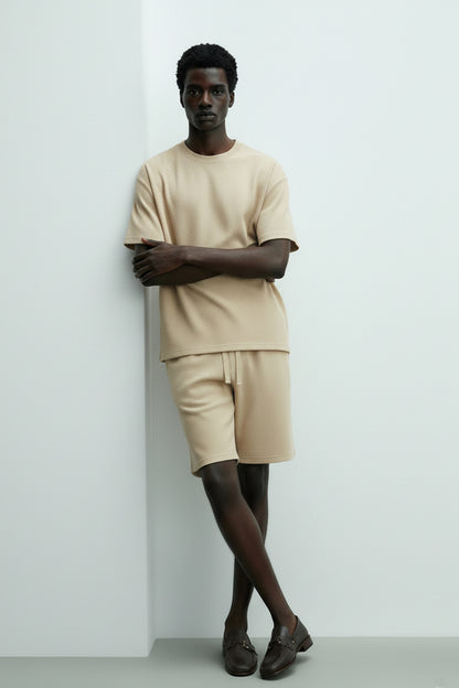 Men's Short Sleeve Textured T-Shirt & Shorts (Khaki)