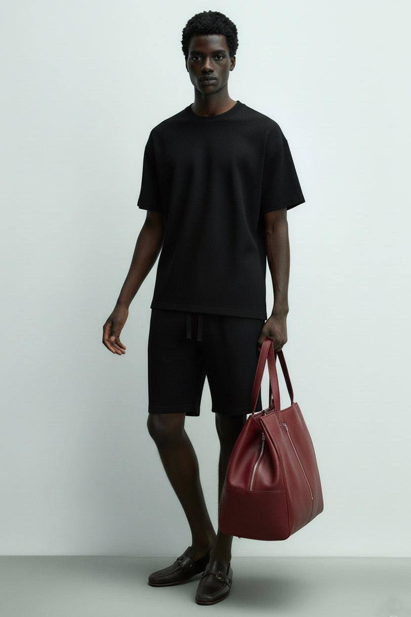 Men's Short Sleeve Textured T-Shirt & Shorts (New Black)