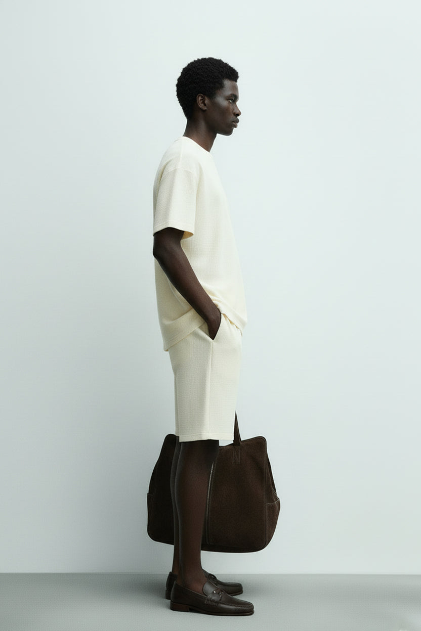 Men's Short Sleeve Textured T-Shirt & Shorts (Apricot)