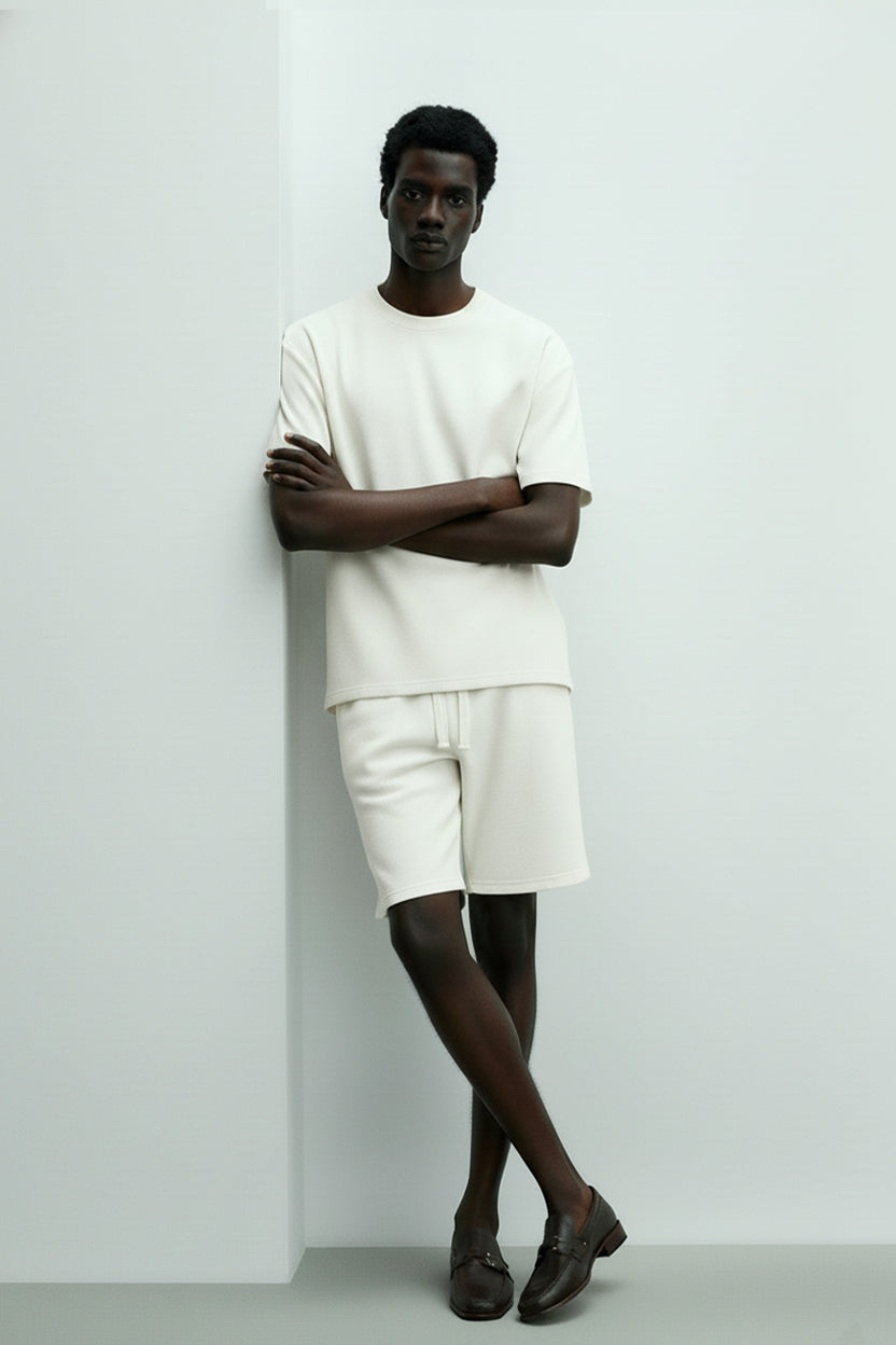 Men's Short Sleeve Textured T-Shirt & Shorts (White)
