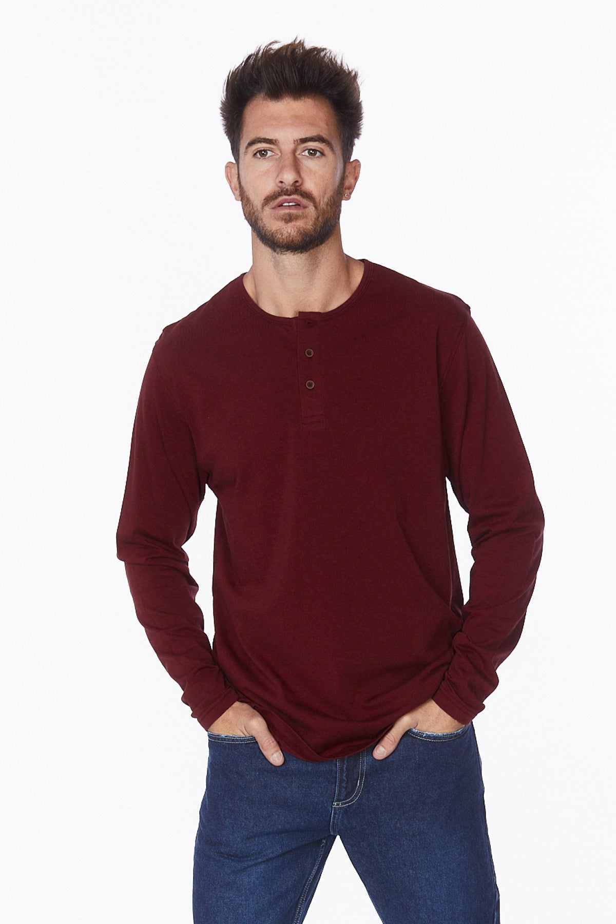Henley Long Sleeves T-Shirt #Burgundy