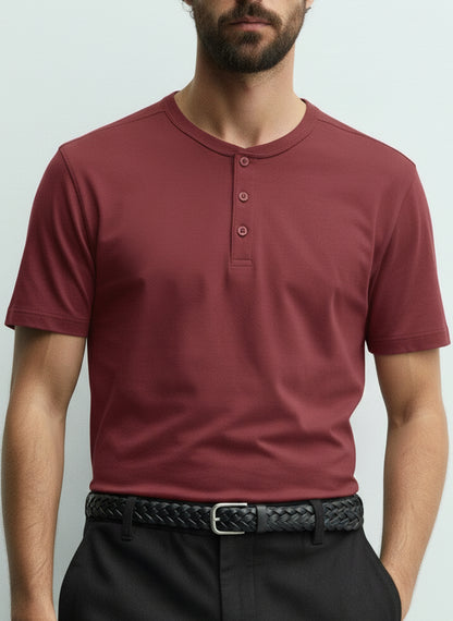 Men's Henley Short Sleeve T-Shirt #Burgundy