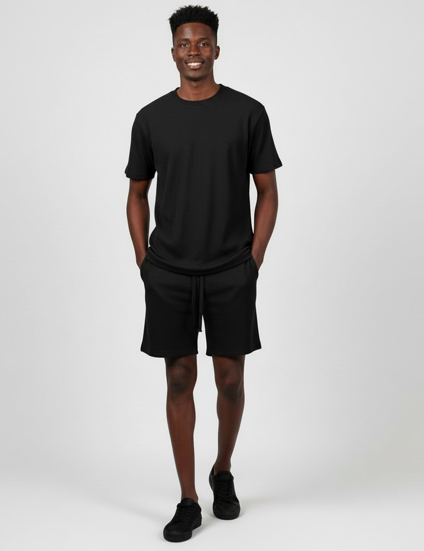 Men's Short Sleeve Textured T-Shirt & Shorts (Black)