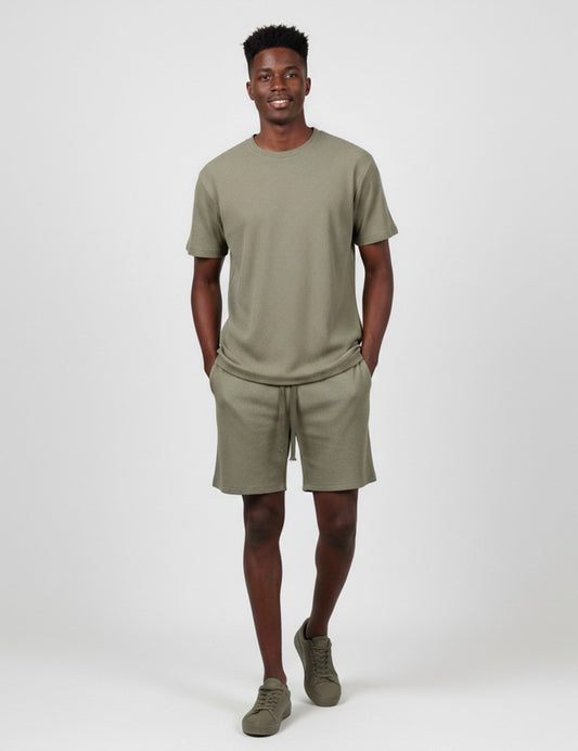 Men's Short Sleeve Textured T-Shirt & Shorts (Khaki)