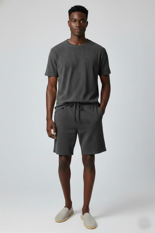 Men's Short Sleeve Textured T-Shirt & Shorts (Charcoal)