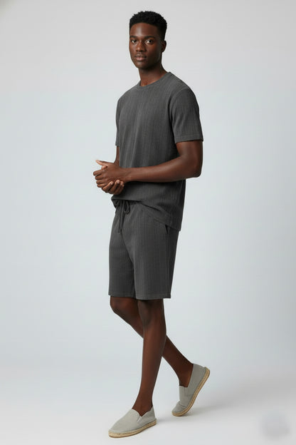 Men's Short Sleeve Textured T-Shirt & Shorts (Charcoal)