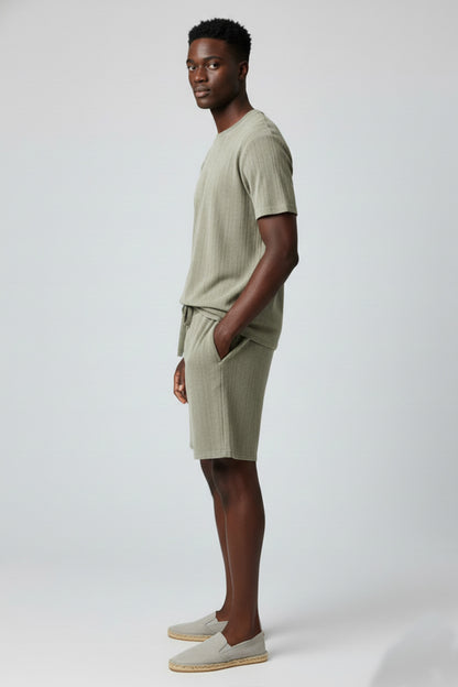 Men's Short Sleeve Textured T-Shirt & Shorts (Olive)