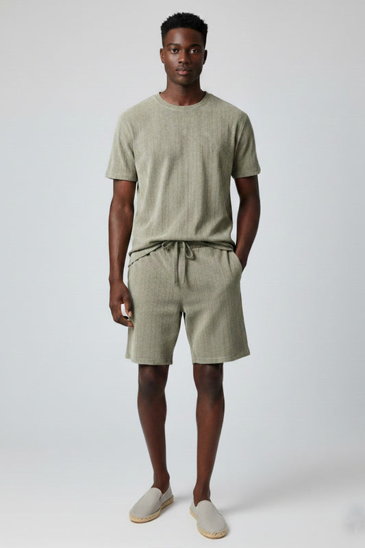 Men's Short Sleeve Textured T-Shirt & Shorts (Olive)
