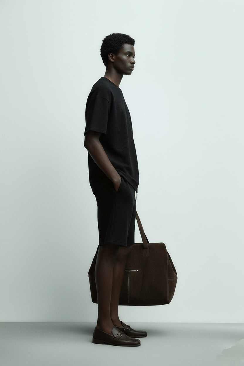 Men's Short Sleeve Textured T-Shirt & Shorts (Black)