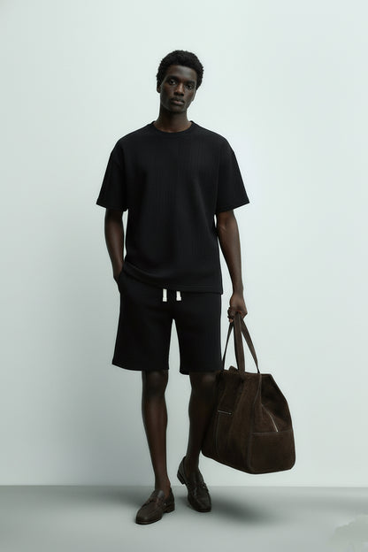 Men's Short Sleeve Textured T-Shirt & Shorts (Black)