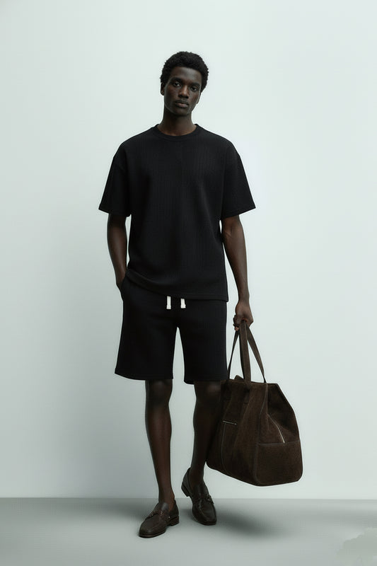 Men's Short Sleeve Textured T-Shirt & Shorts (Black)