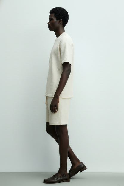 Men's Short Sleeve Textured T-Shirt & Shorts (Ivory)