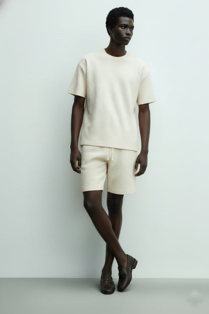 Men's Short Sleeve Textured T-Shirt & Shorts (Ivory)