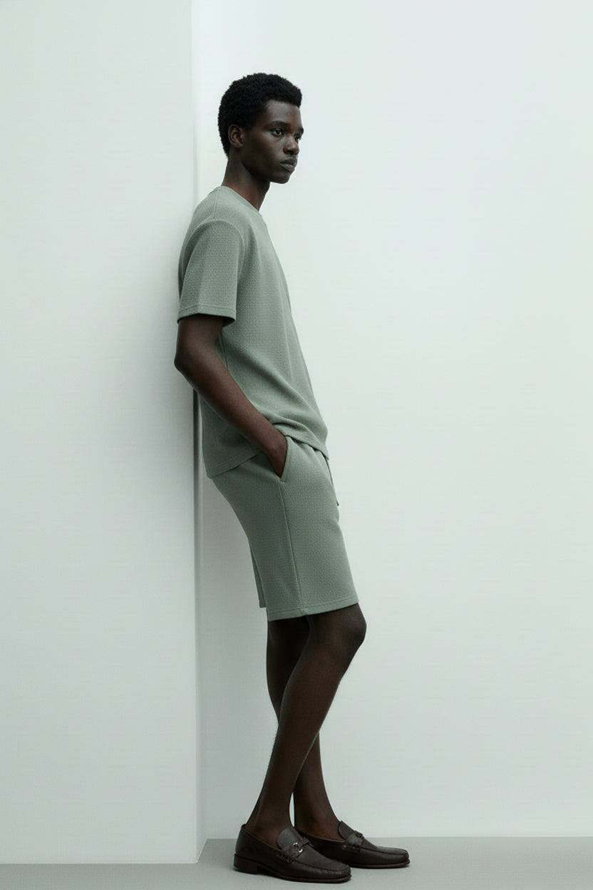 Men's Short Sleeve Textured T-Shirt & Shorts (Green)
