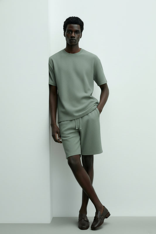 Men's Short Sleeve Textured T-Shirt & Shorts (Green)