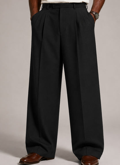 Men’s Black Pleated Wide-Leg Dress Trousers