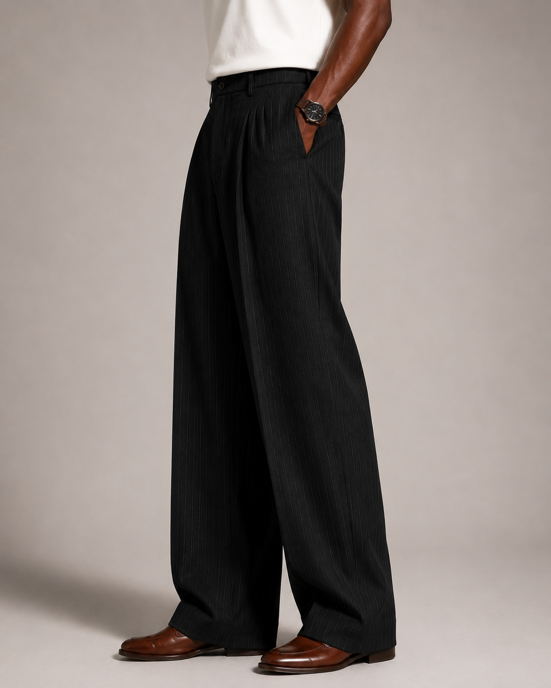 Men’s Black Pinstripe Pleated Wide-Leg Trousers