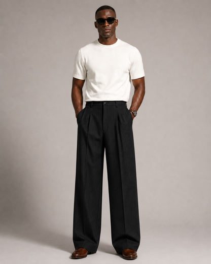 Men’s Black Pinstripe Pleated Wide-Leg Trousers