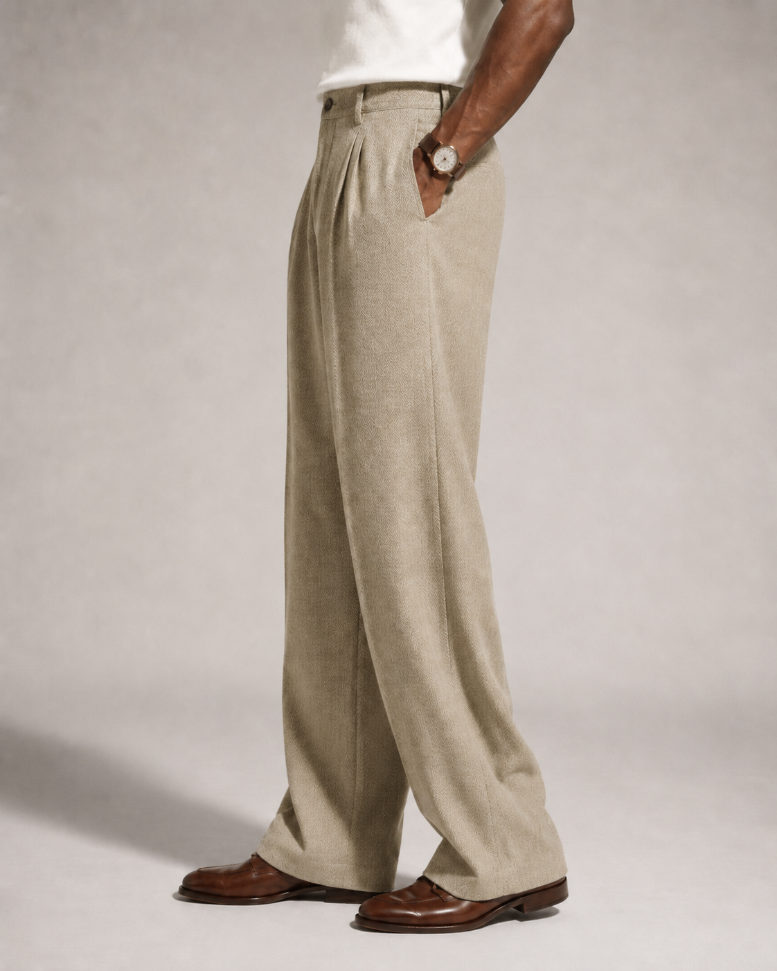 Men’s Herringbone Pleated Wide-Leg Trousers