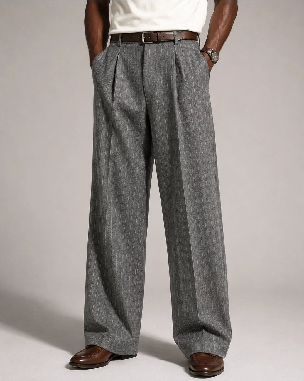 Men’s Charcoal Gray Pinstripe Pleated Wide-Leg Trousers
