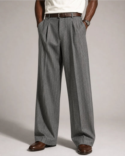 Men’s Charcoal Gray Pinstripe Pleated Wide-Leg Trousers