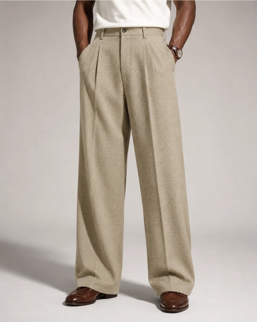 Men’s Herringbone Pleated Wide-Leg Trousers