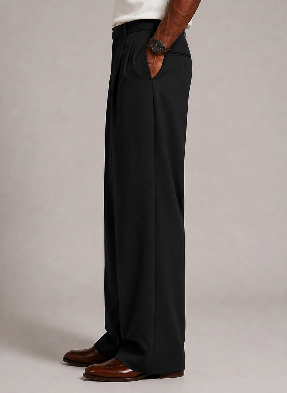 Men’s Black Pleated Wide-Leg Dress Trousers
