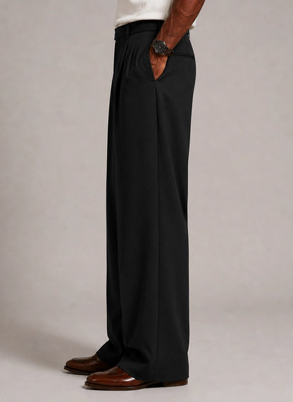 Men’s Black Pleated Wide-Leg Dress Trousers