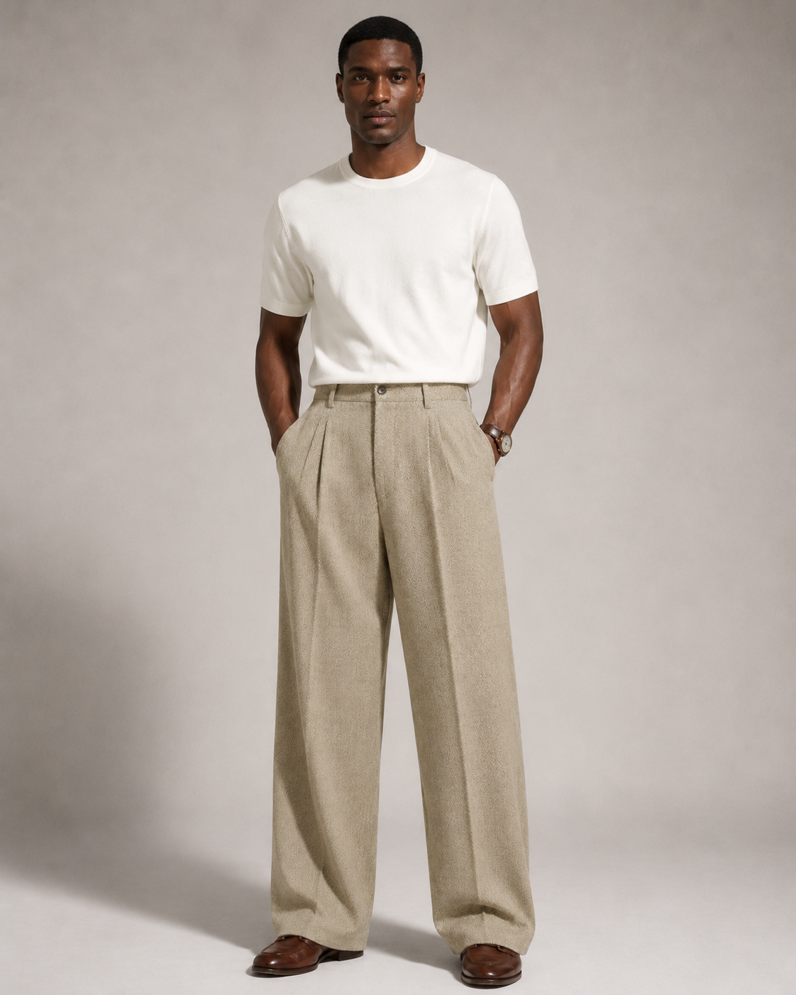 Men’s Herringbone Pleated Wide-Leg Trousers
