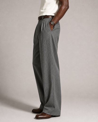 Men’s Charcoal Gray Pinstripe Pleated Wide-Leg Trousers