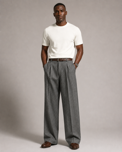 Men’s Charcoal Gray Pinstripe Pleated Wide-Leg Trousers