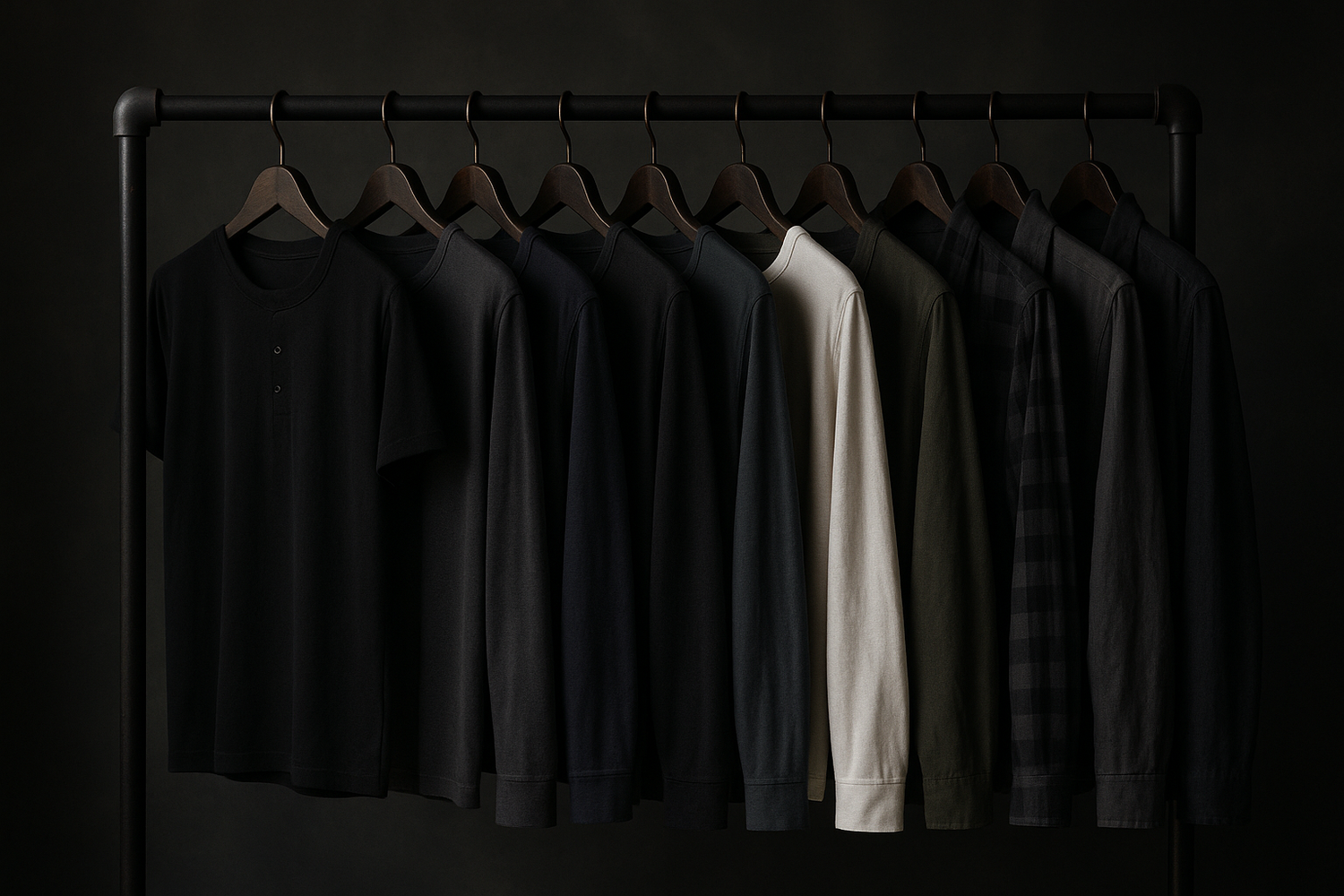 slightly dark aesthetic. mens clothing on a rack add a variety of basic mens tops