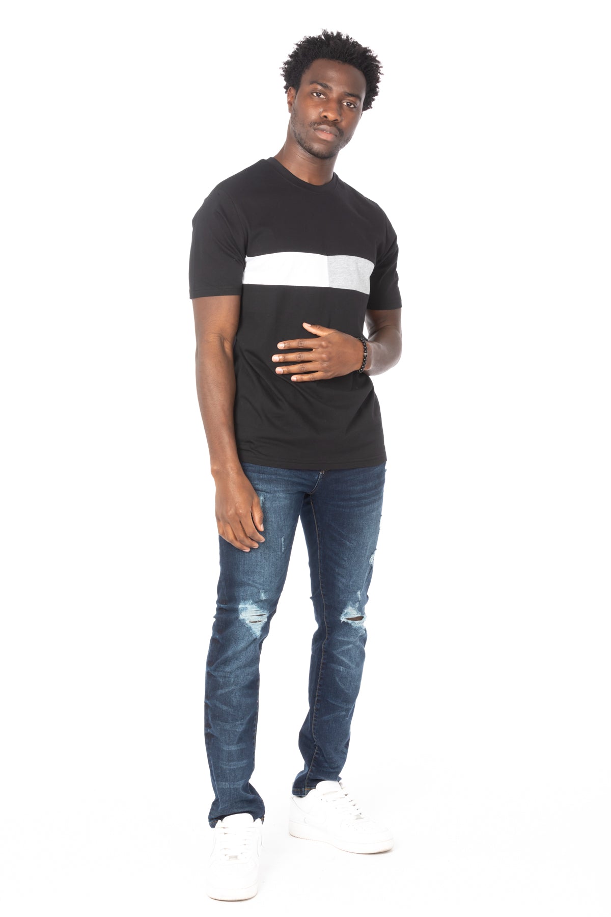 Solid Black Stripe Gray Cotton T-Shirt