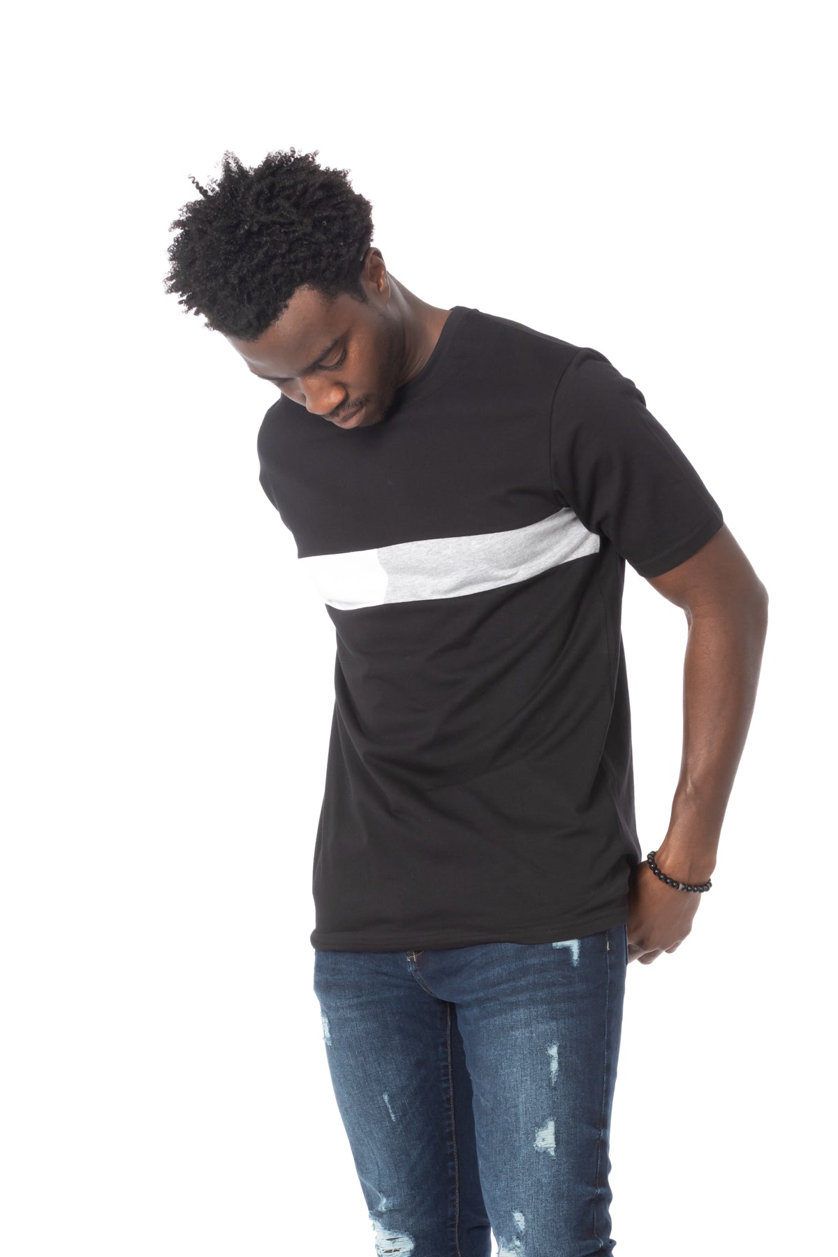 Solid Black Stripe Gray Cotton T-Shirt