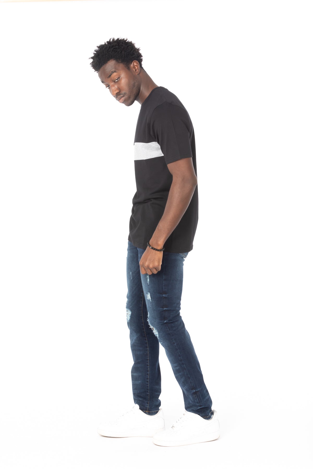 Solid Black Stripe Gray Cotton T-Shirt