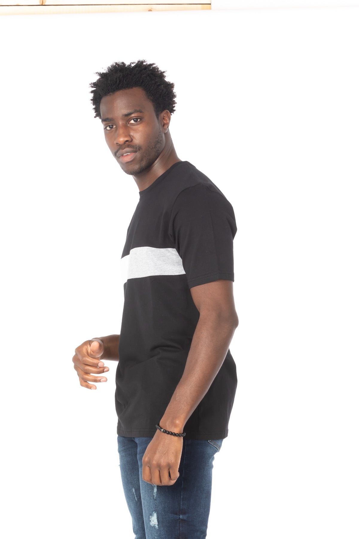 Solid Black Stripe Gray Cotton T-Shirt