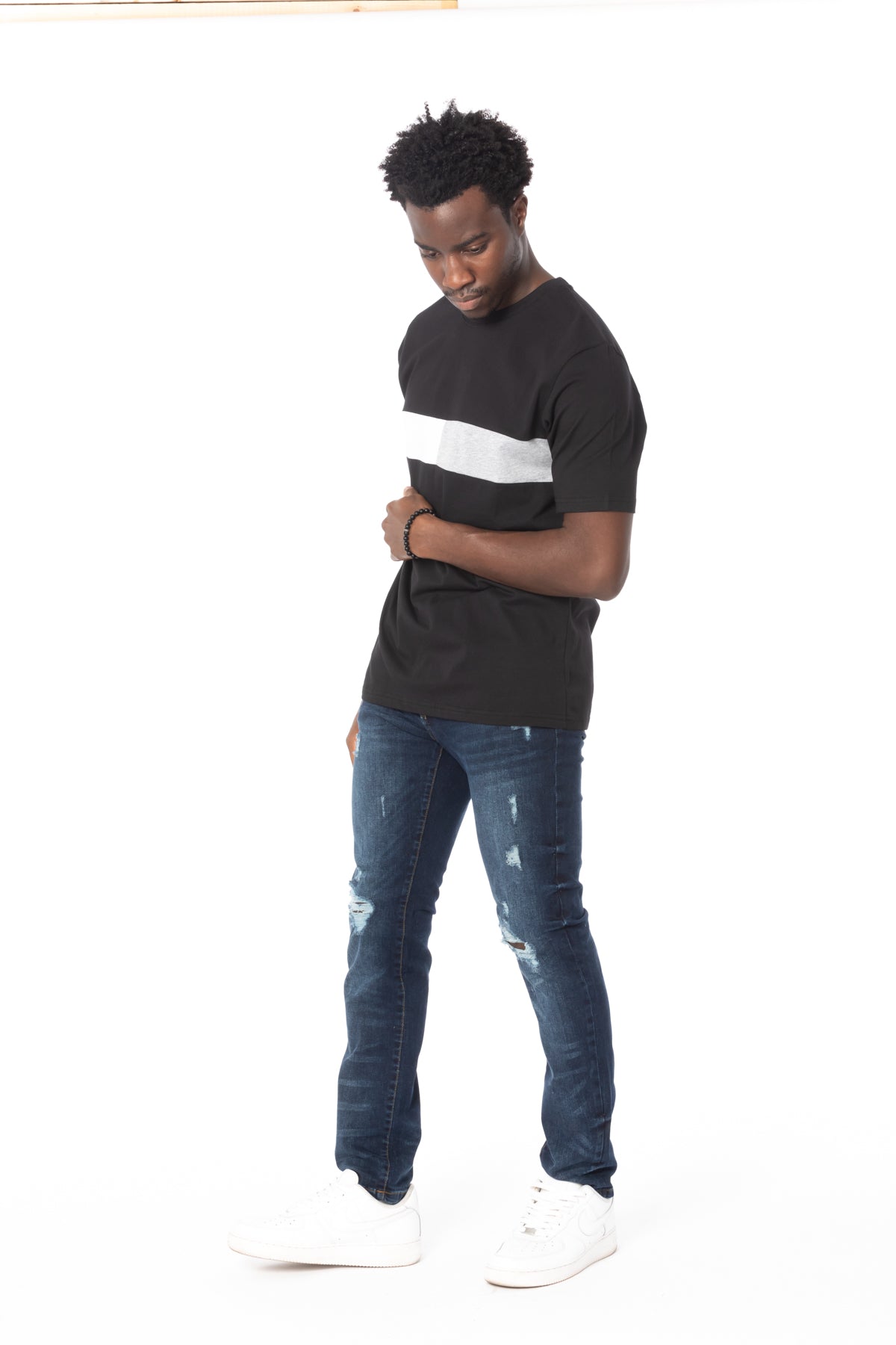 Solid Black Stripe Gray Cotton T-Shirt