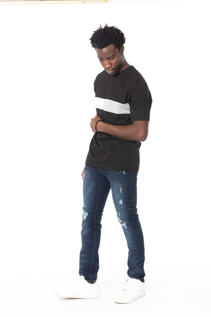 Solid Black Stripe Gray Cotton T-Shirt