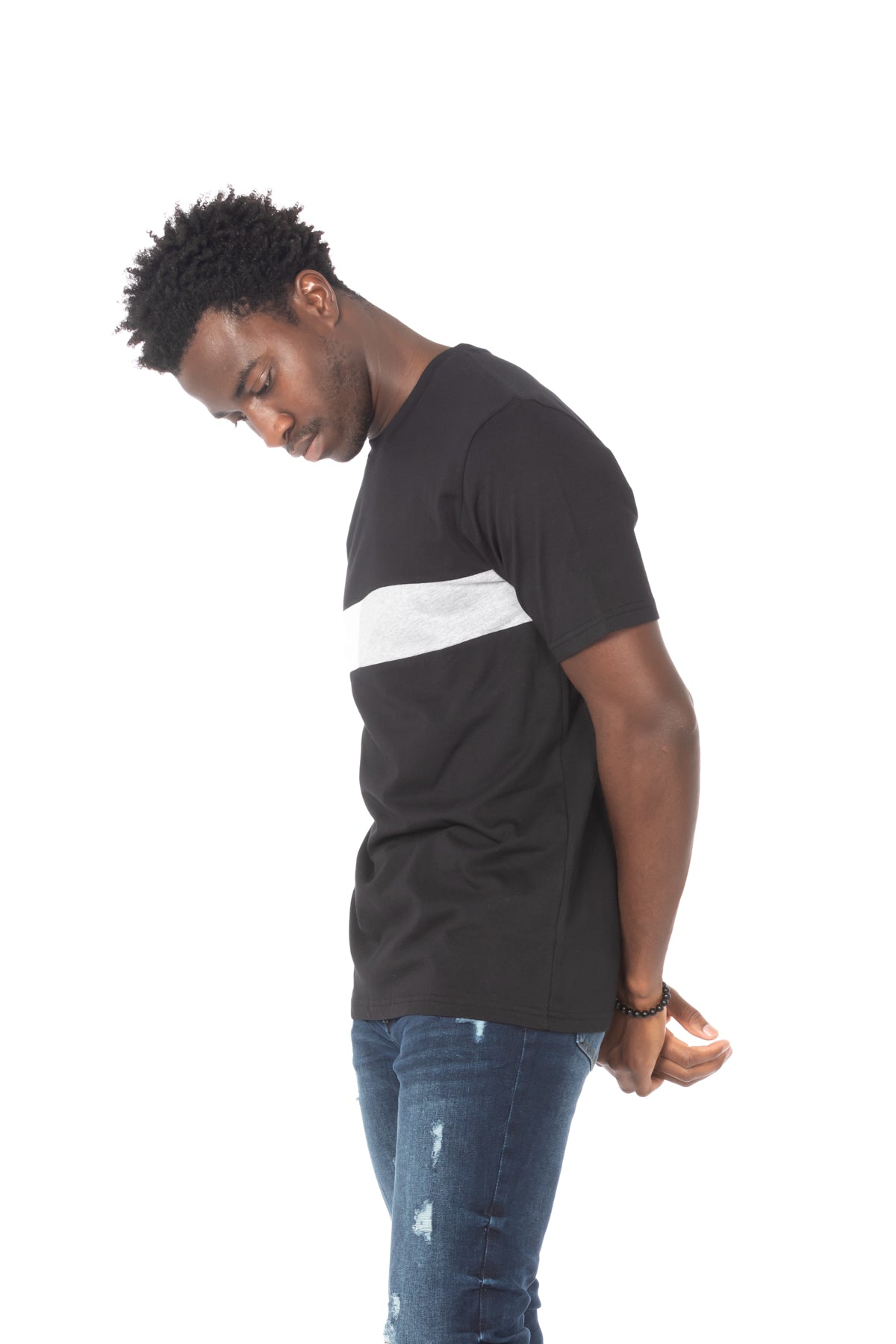 Solid Black Stripe Gray Cotton T-Shirt