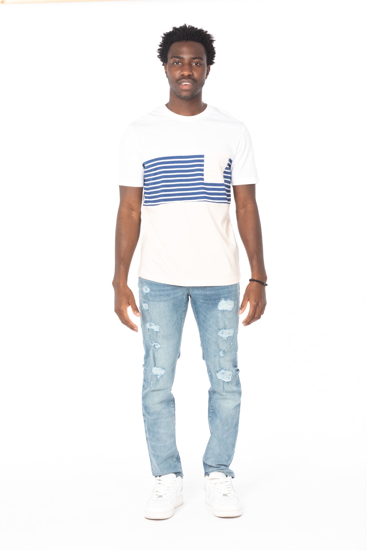 Pink-Navy Stripe Pocket Cotton T-Shirt