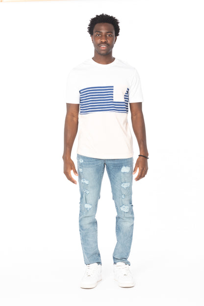 Pink-Navy Stripe Pocket Cotton T-Shirt
