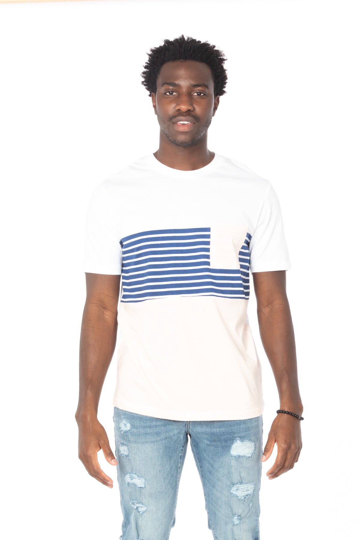 Pink-Navy Stripe Pocket Cotton T-Shirt