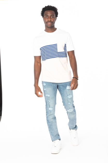 Pink-Navy Stripe Pocket Cotton T-Shirt