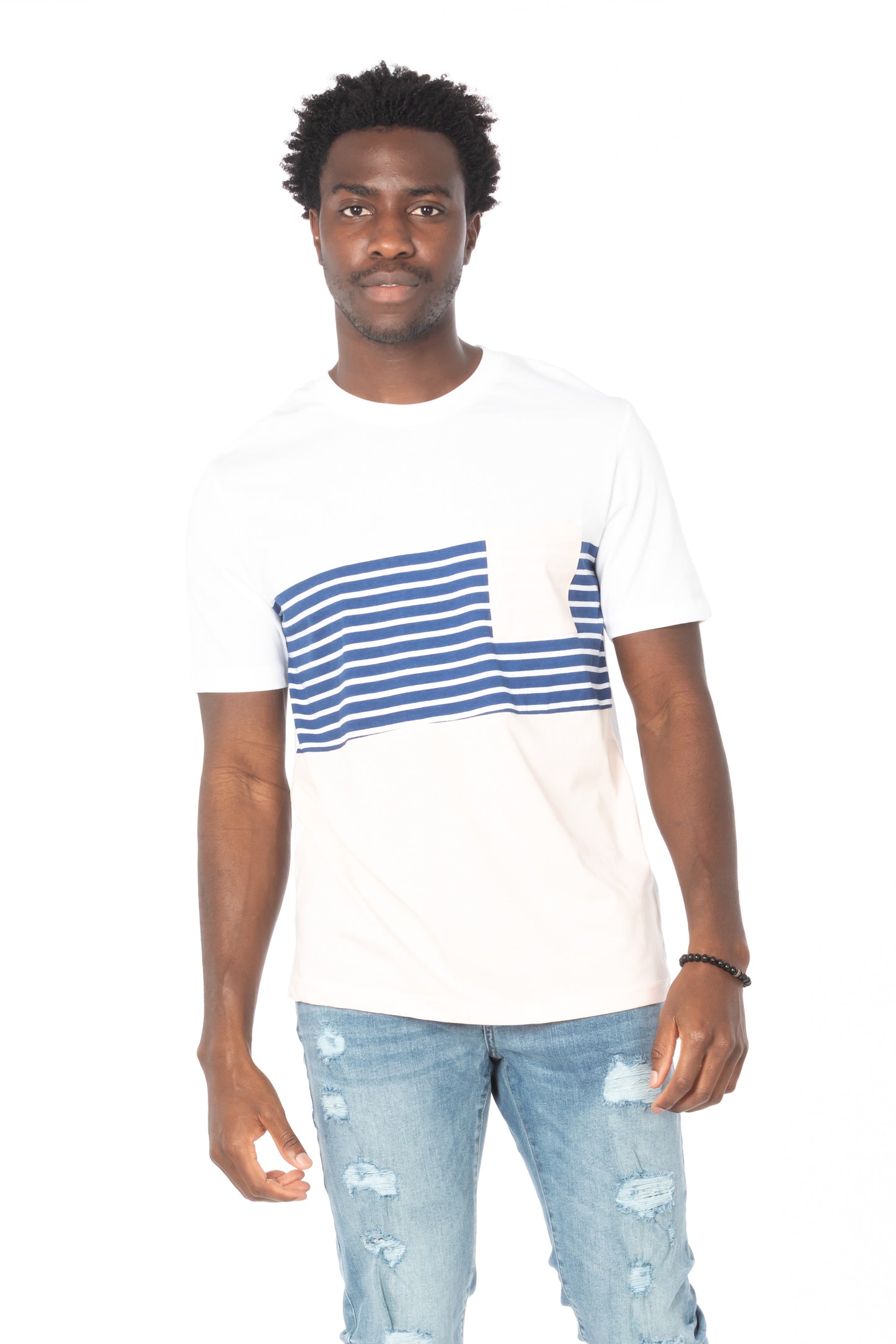 Pink-Navy Stripe Pocket Cotton T-Shirt