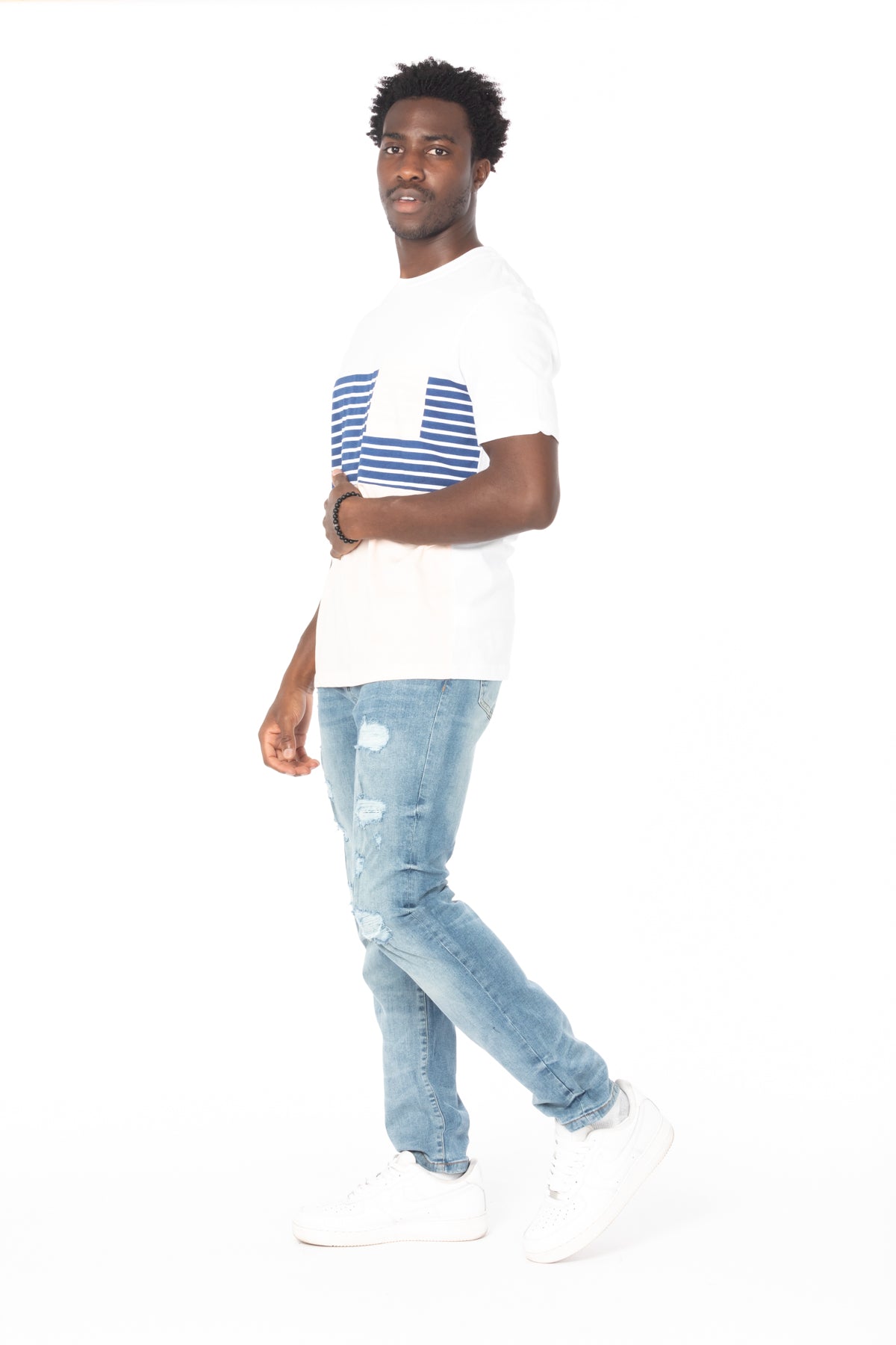 Pink-Navy Stripe Pocket Cotton T-Shirt
