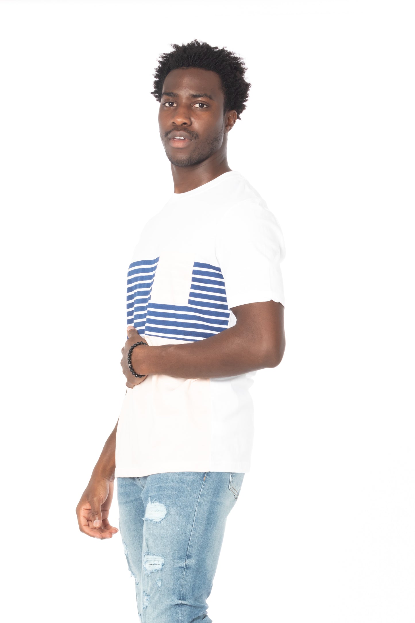 Pink-Navy Stripe Pocket Cotton T-Shirt