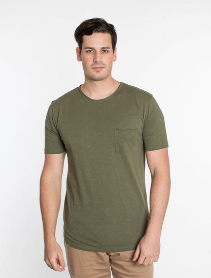 Solid Olive Crew Neck Cotton Pocket T-Shirt